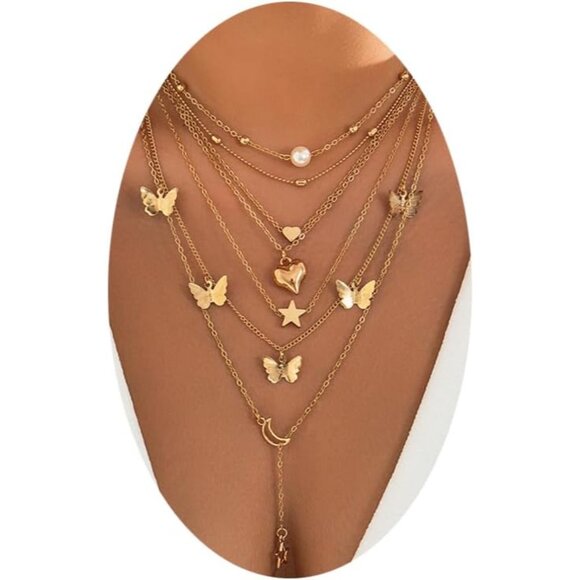 Dainty Layered Necklace Set with Adjustable Gold Chains & Rhinestone Accents - Picture 1 of 8